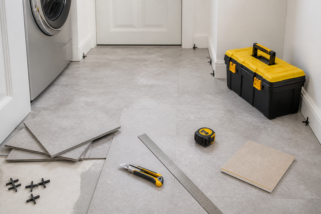 Vinyl floor tiles, utility knife and measuring tools in a small utility room
