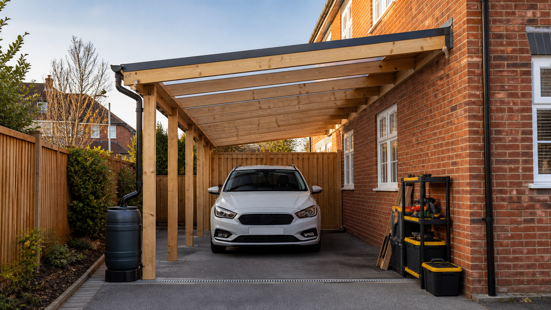 Finished lean-to timber carport beside a red brick house with clear roof, guttering and car parked underneath