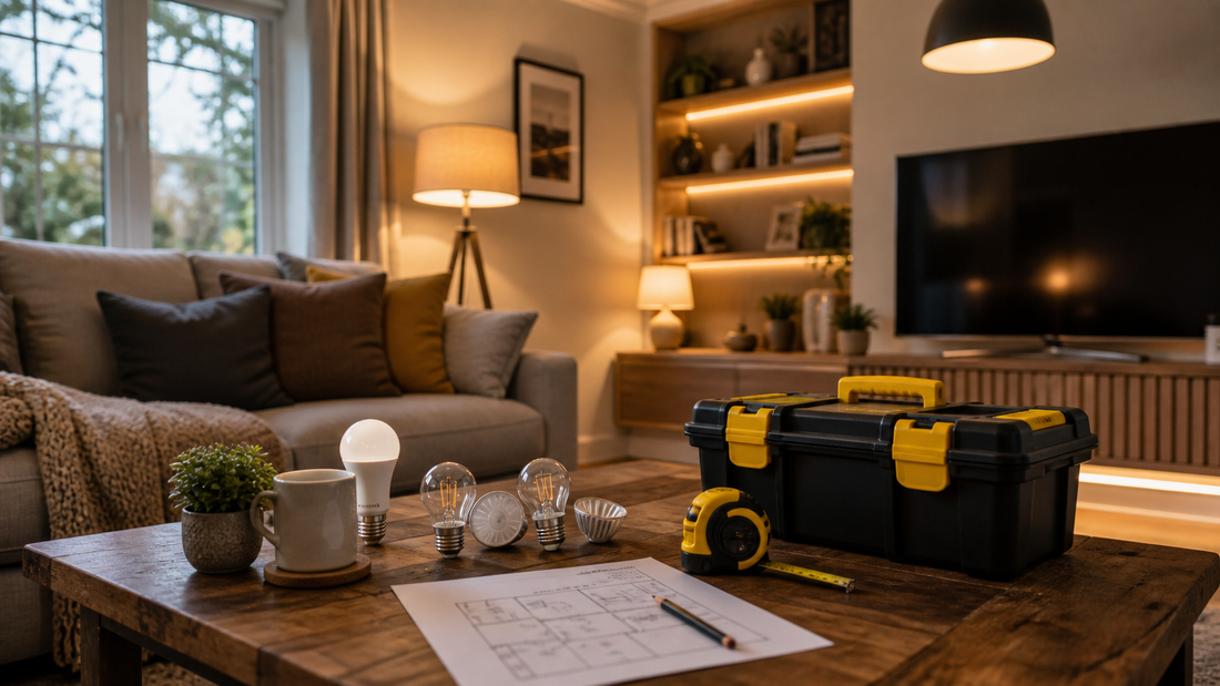 Living room layered lighting ideas with bulbs plan and toolbox