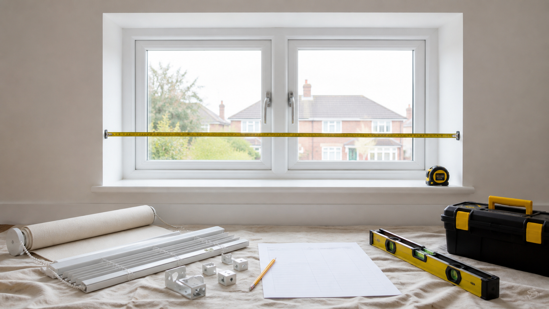 Made-to-measure blinds measuring setup with blind samples, brackets, tape measure and HIP Toolbox tools