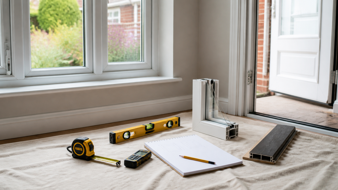 Window and external door measuring setup with level, tape measure, laser measure and frame samples