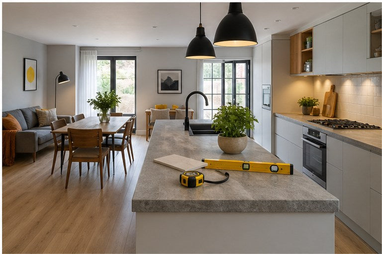Open plan kitchen ideas with calm storage and layout tools