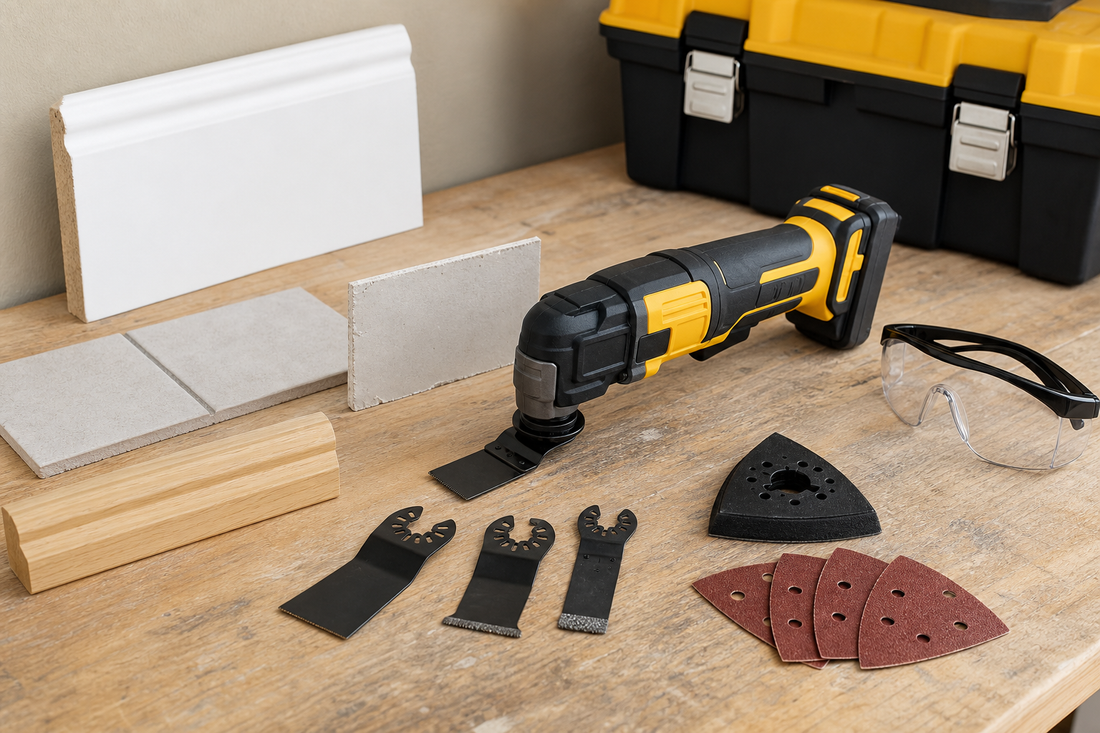 Oscillating multi-tool with cutting scraping grout and sanding accessories for a HIP Toolbox guide
