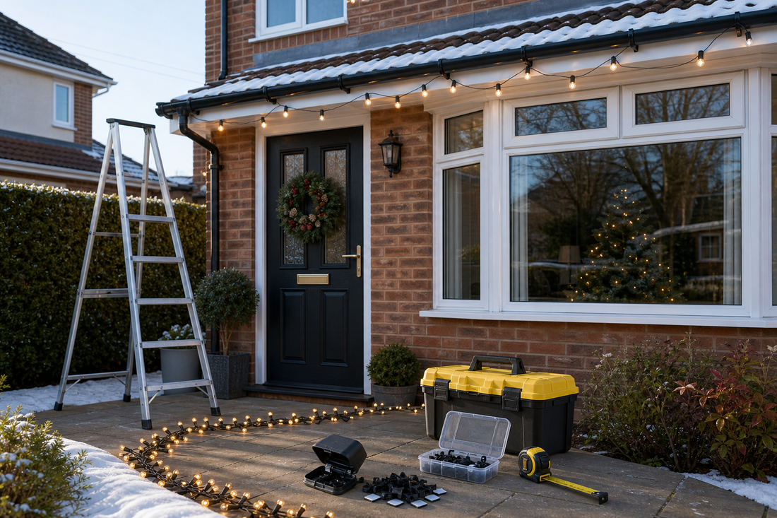 Outdoor Christmas lights, ladder and fixing clips outside a UK home