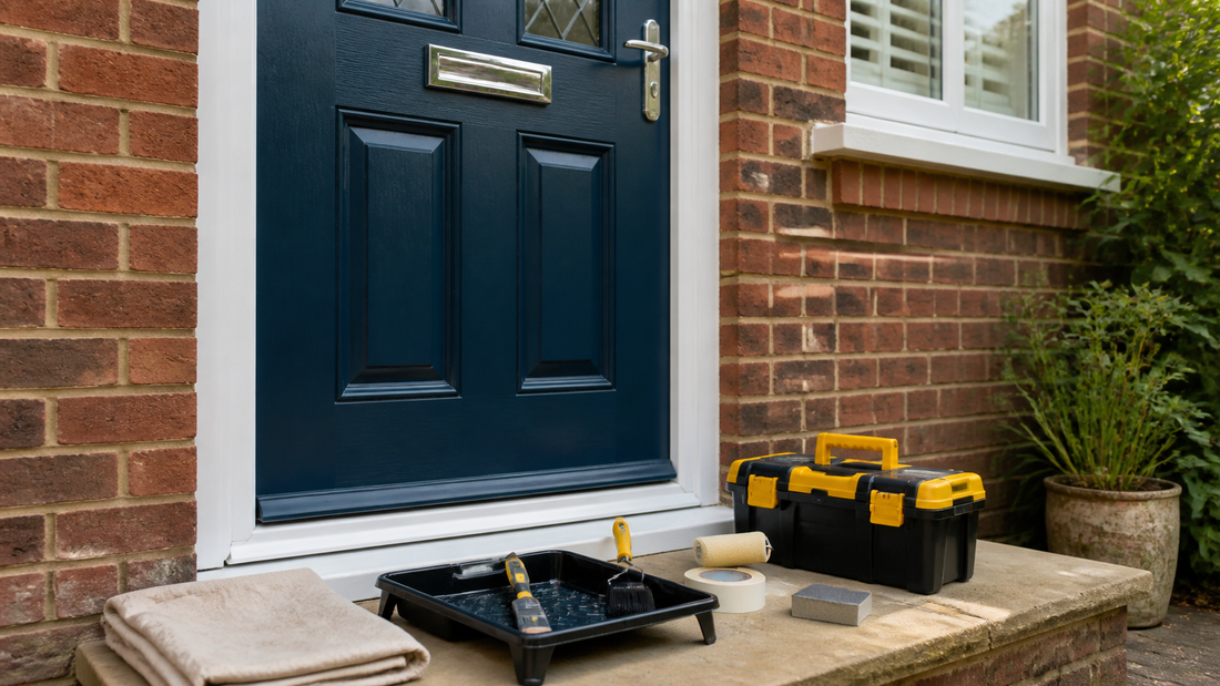 Freshly painted front door with paint tray, brush, sanding block and HIP Toolbox style tools