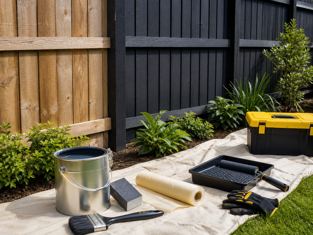 Garden fence painting preparation with exterior paint tools and protected border