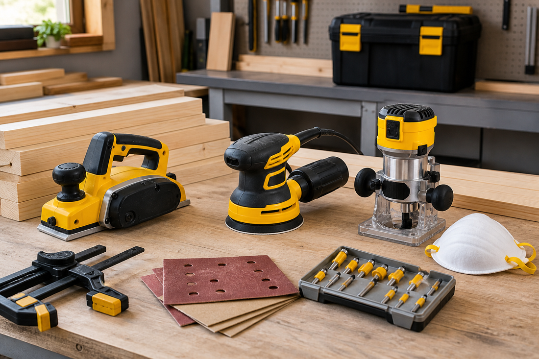 Planer, sander and router with woodworking accessories on a bench