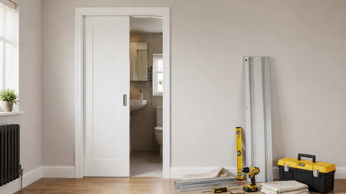 Finished oak pocket door open beside a compact bathroom with HIP Toolbox tools nearby