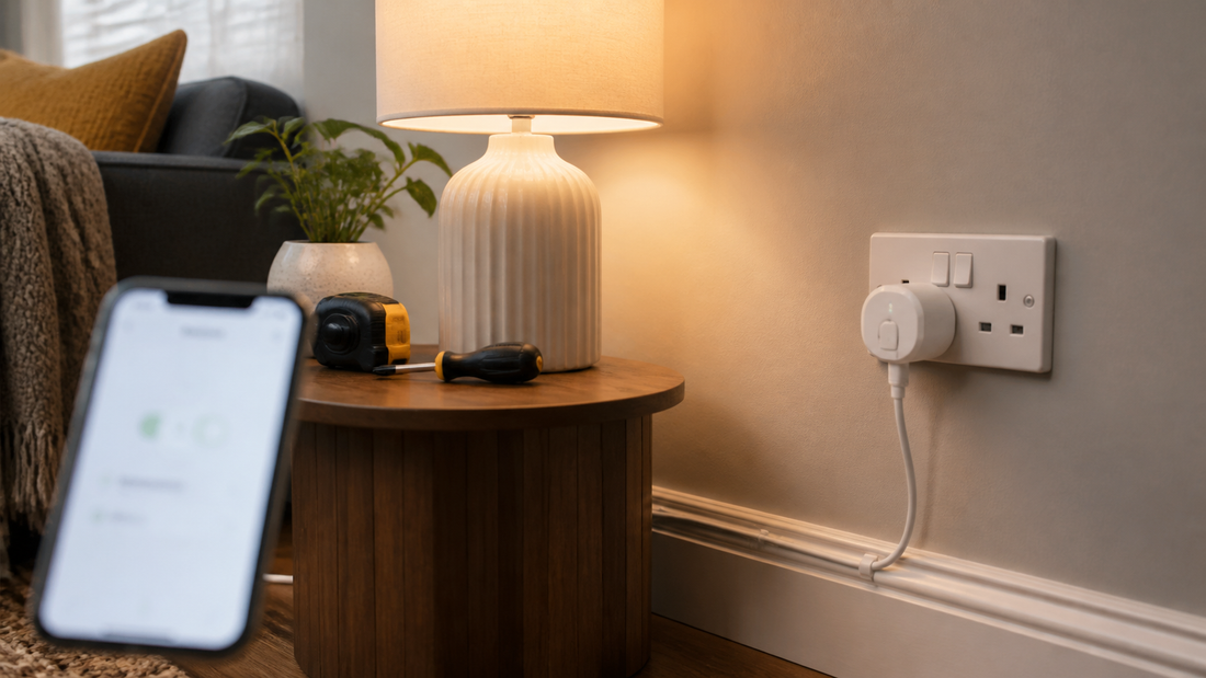 Smart plug powering a lamp safely with app and measuring tools
