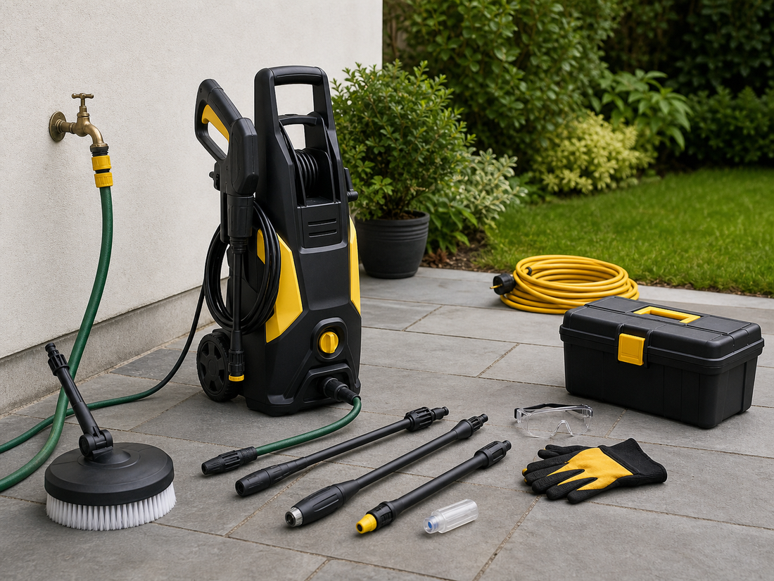 Pressure washer and accessories laid out on a patio near a garden tap