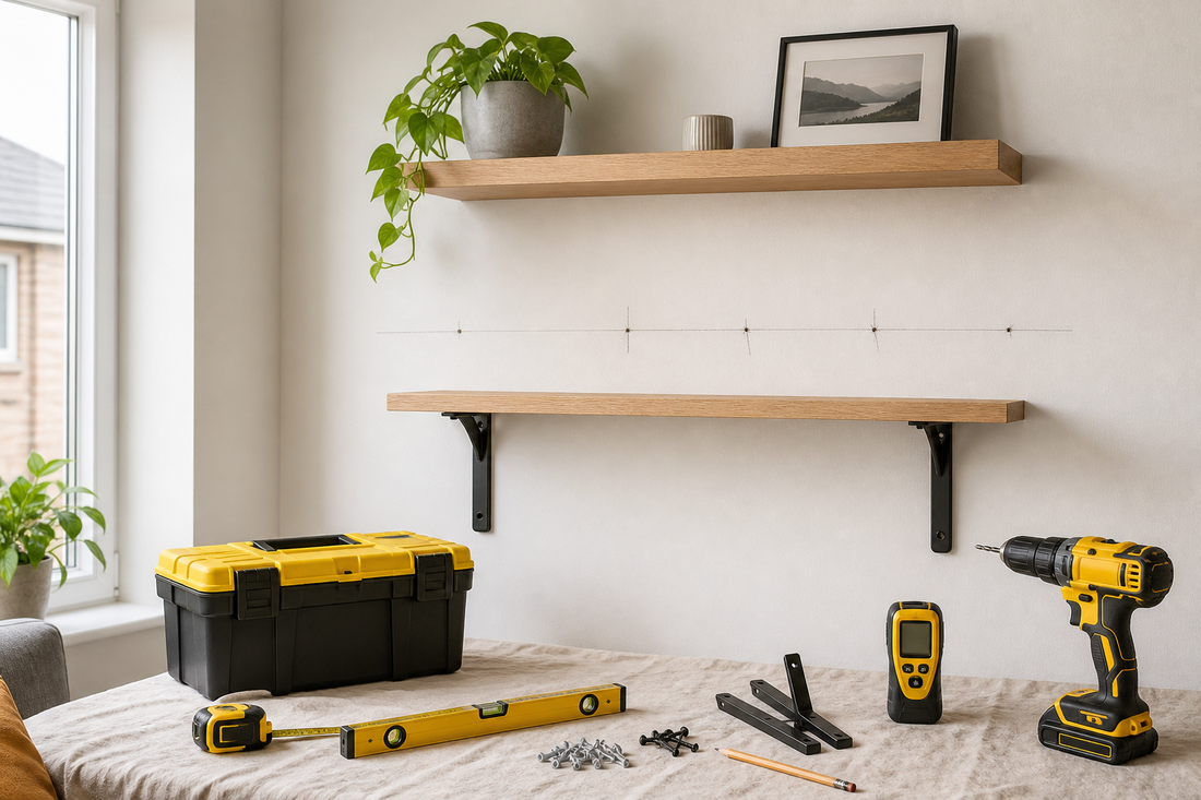 Shelf brackets and tools being used to plan a wall shelf