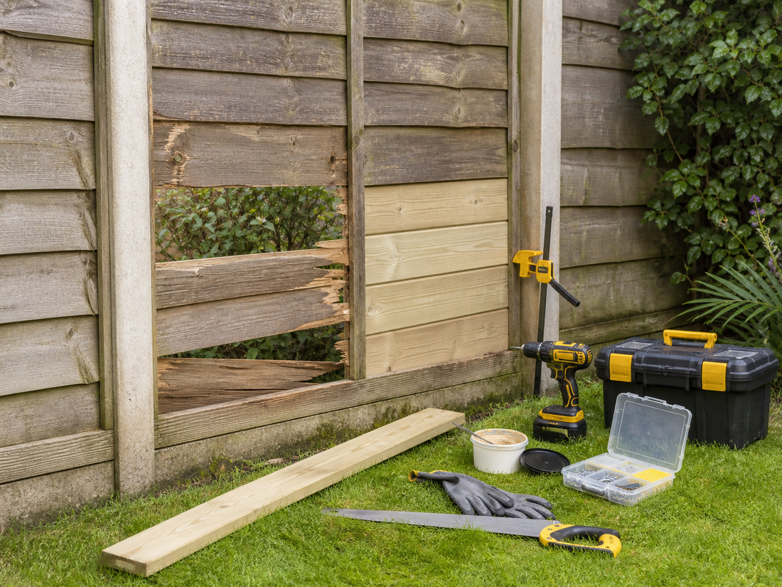 Damaged garden fence panel being repaired with replacement timber and tools