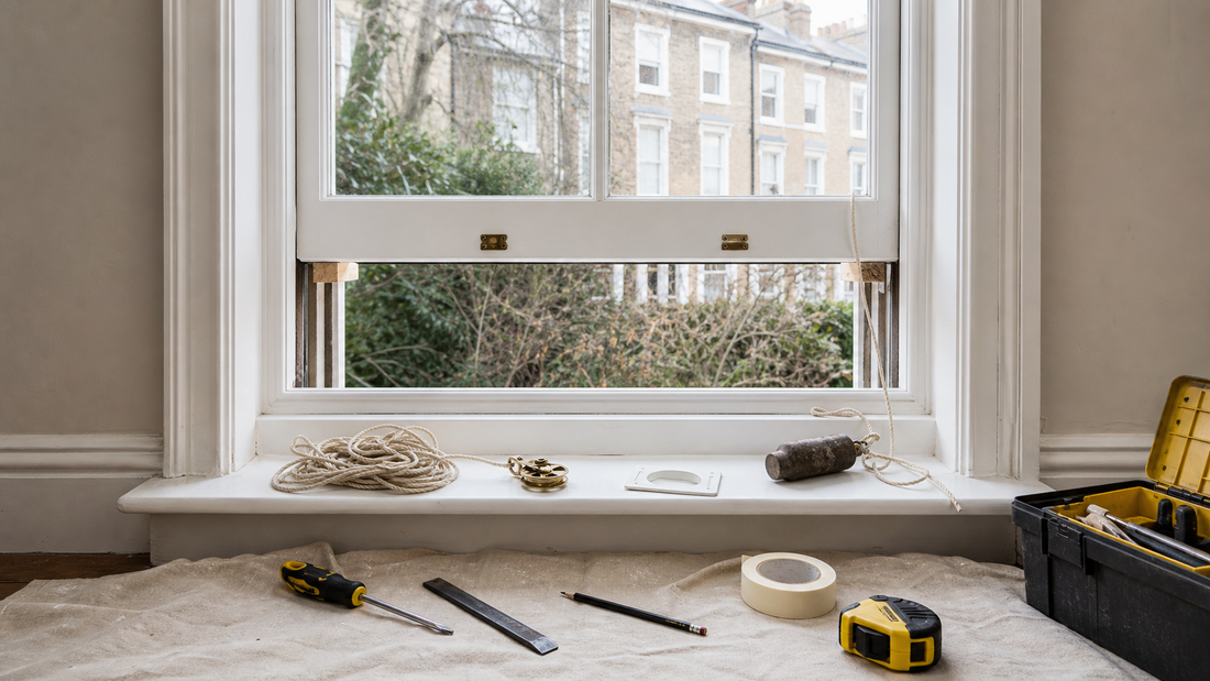 Traditional sash window cord replacement with pulley, sash weight, cord and HIP Toolbox tools
