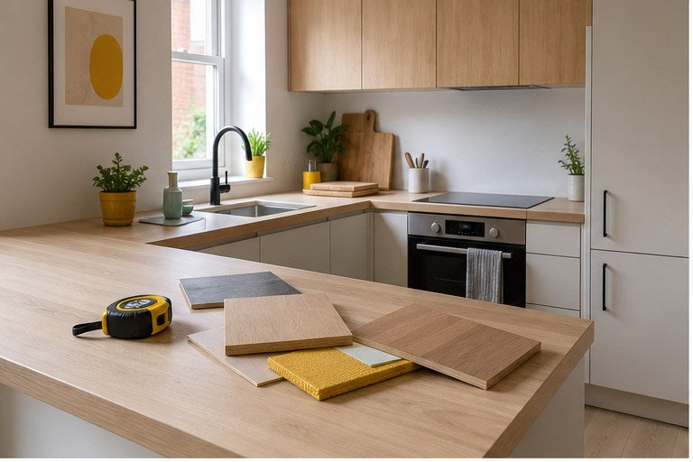 Scandinavian kitchen design ideas with samples and measuring tools