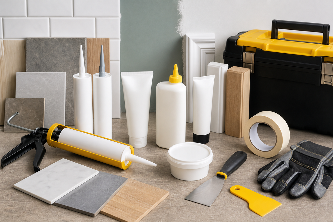 Sealants adhesives caulking gun masking tape and sample surfaces for a HIP Toolbox guide