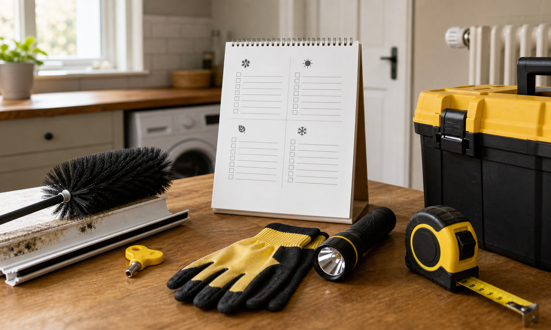 Seasonal home maintenance checklist and tools on a worktop