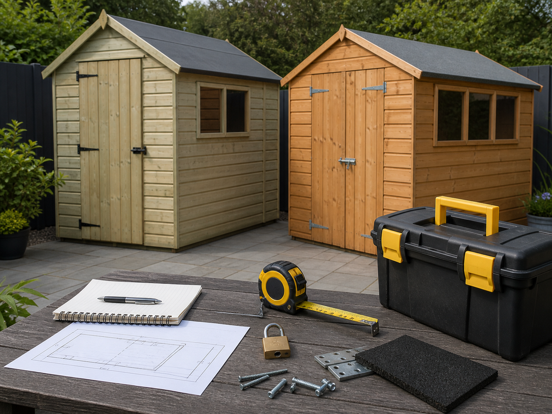 Garden shed buying planning scene with shed options and measuring tools