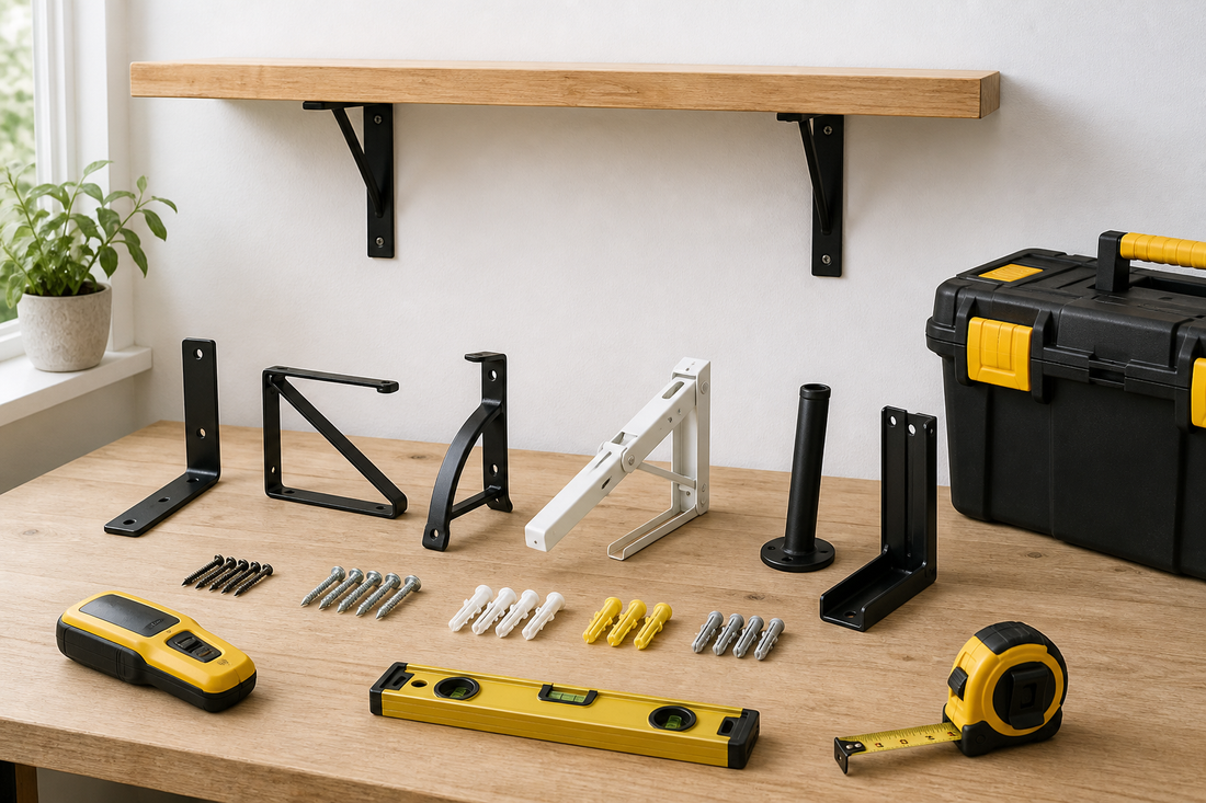 Shelf bracket types with fixings and tools on a workbench