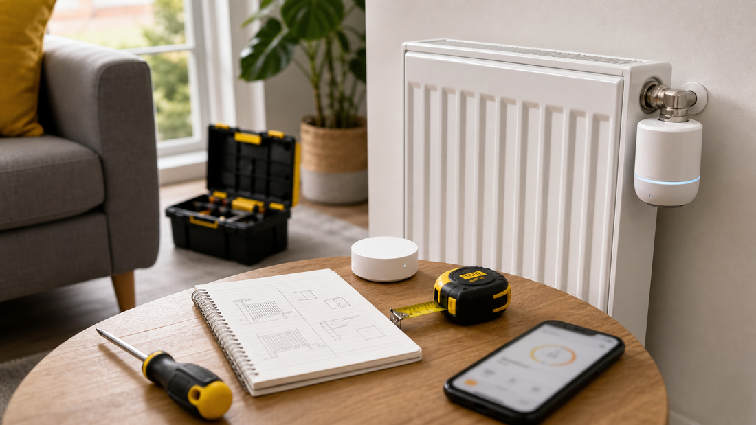 Smart heating guide with radiator TRV hub phone and measuring tools