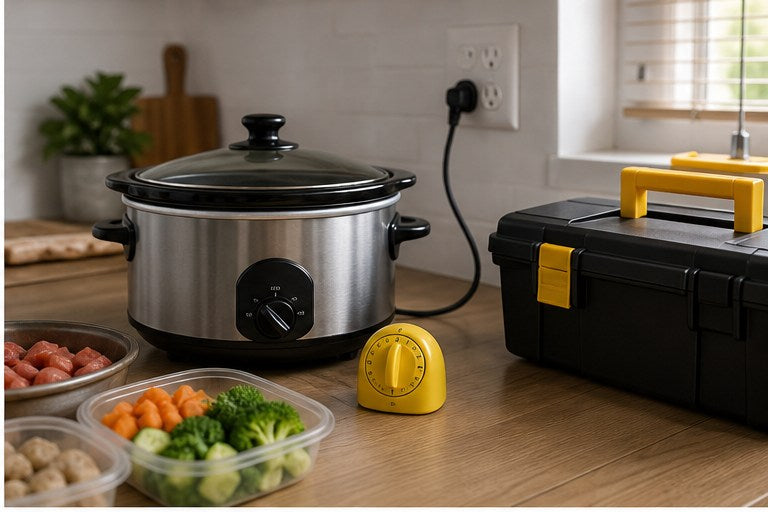 Slow cooker guide with safe counter space and timer