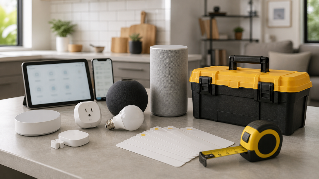 Smart home ecosystem planning with hub speaker plug bulb sensor cards and toolbox