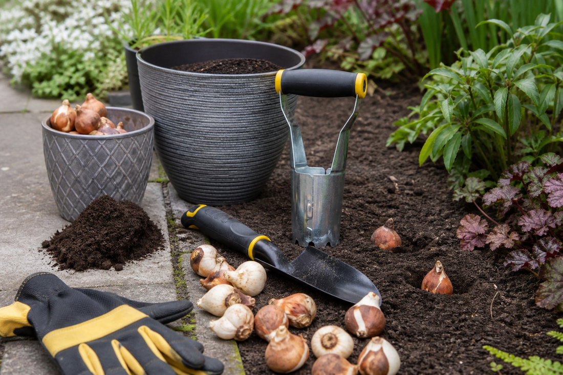Spring bulbs being planted with garden tools for a HIP Toolbox guide