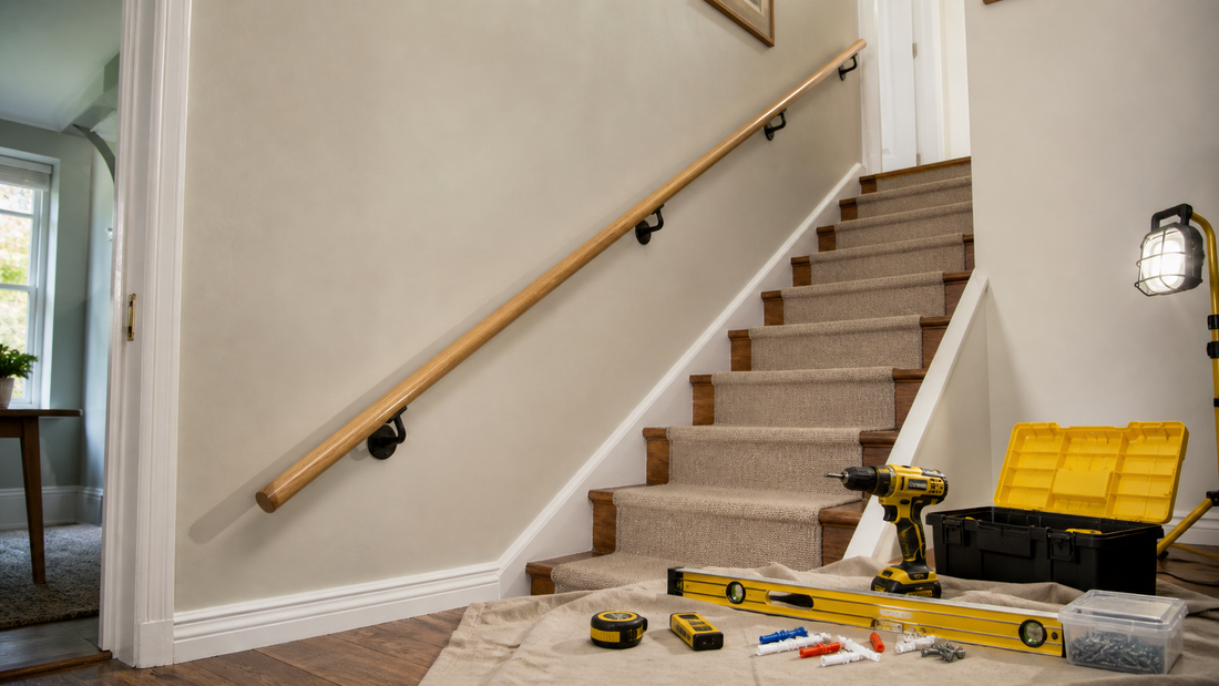 Finished timber stair handrail securely fitted on black brackets with drill, level and HIP Toolbox style tools