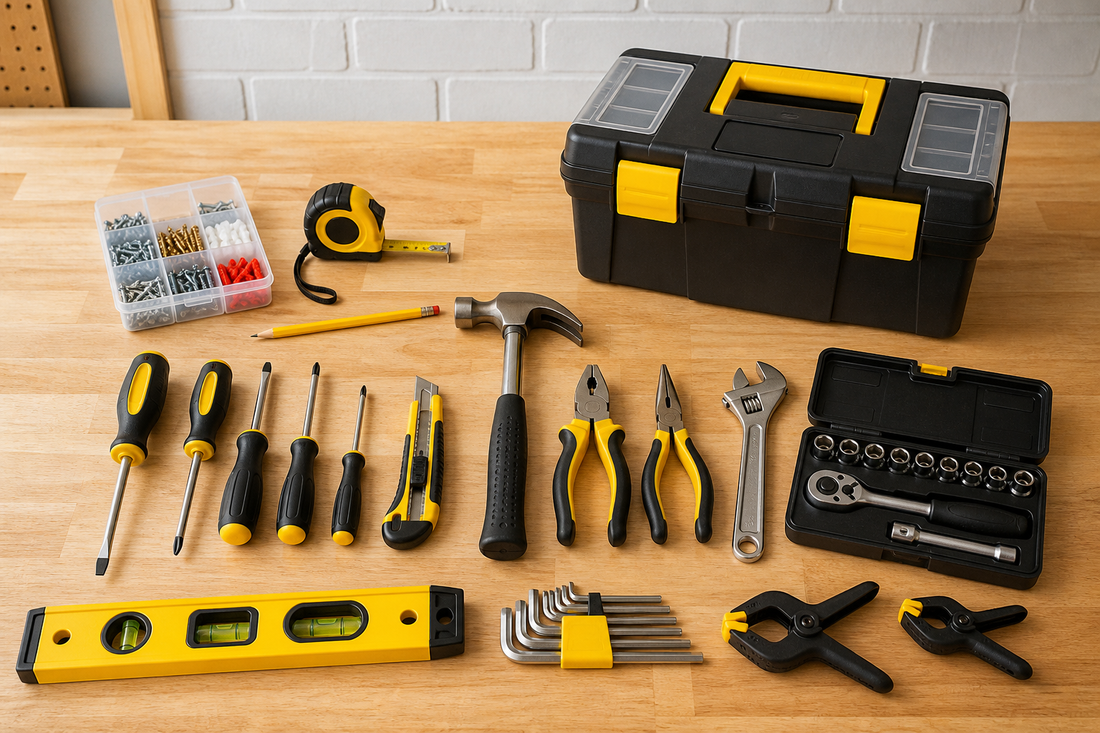 Starter hand tool kit with hammer screwdrivers pliers level socket set and fixings for a HIP Toolbox guide