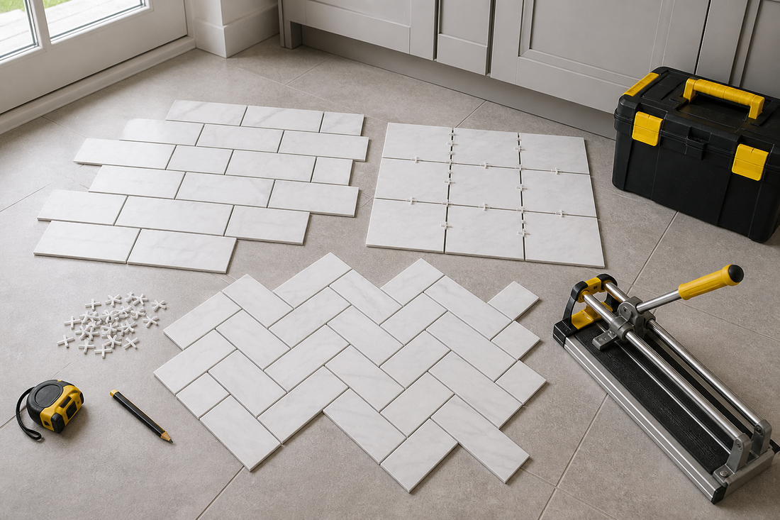 Tile layout patterns with spacers and tile cutter