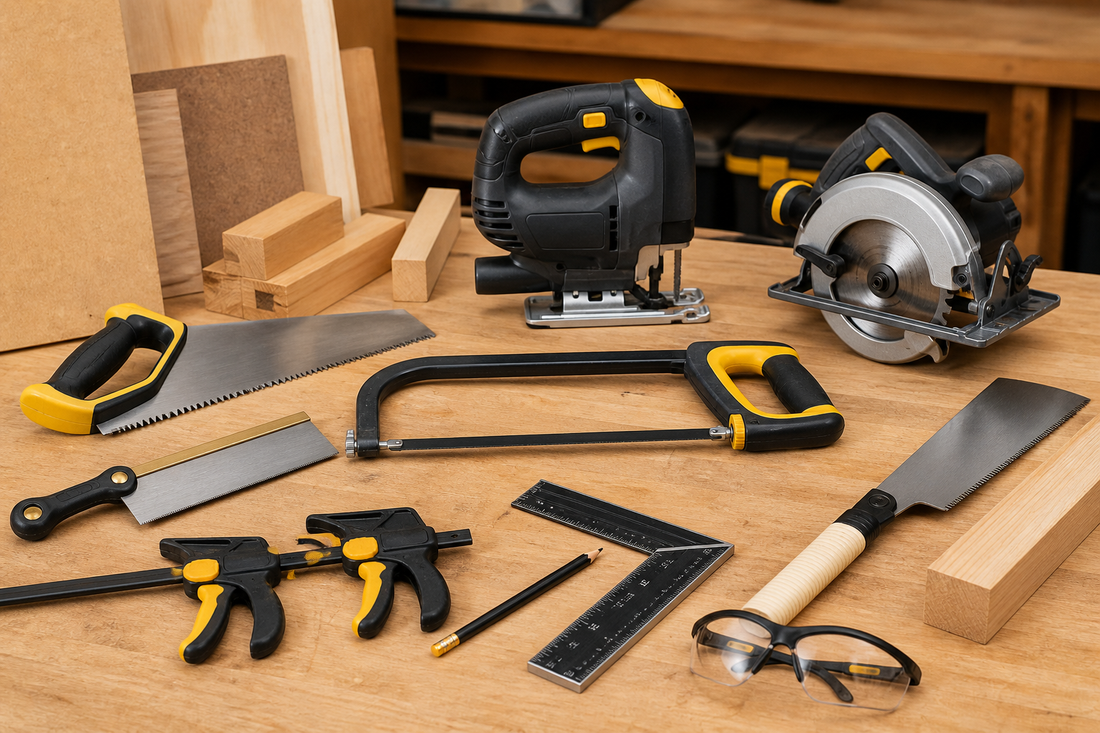 Different hand and power saws arranged on a workshop bench for a HIP Toolbox saw buying guide