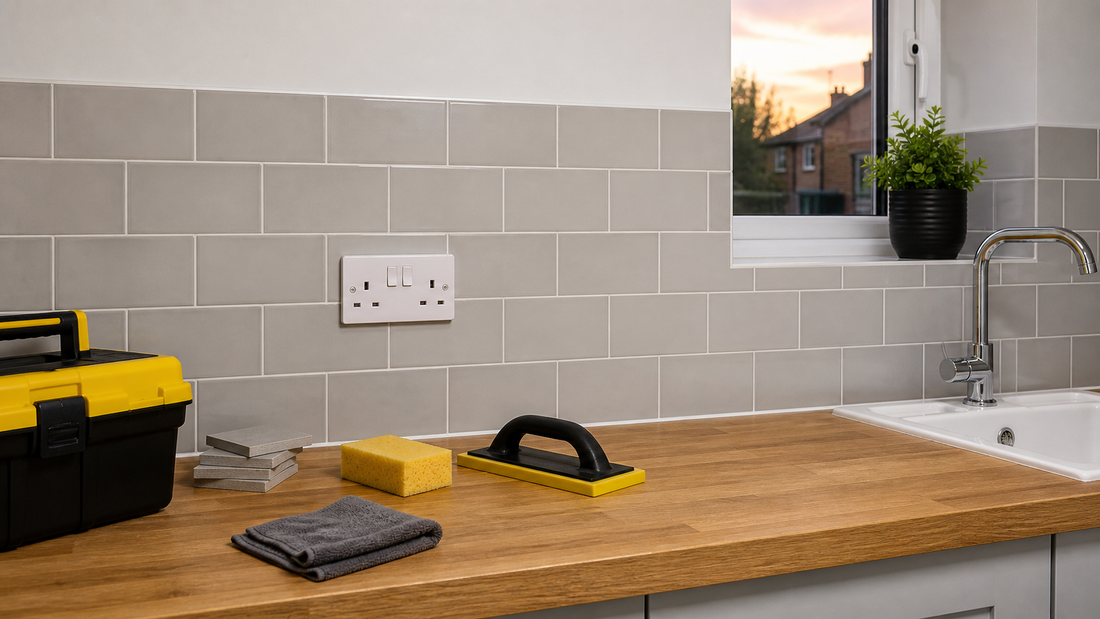 Finished tiled splashback with neat grout, socket refitted, sponge and grout float
