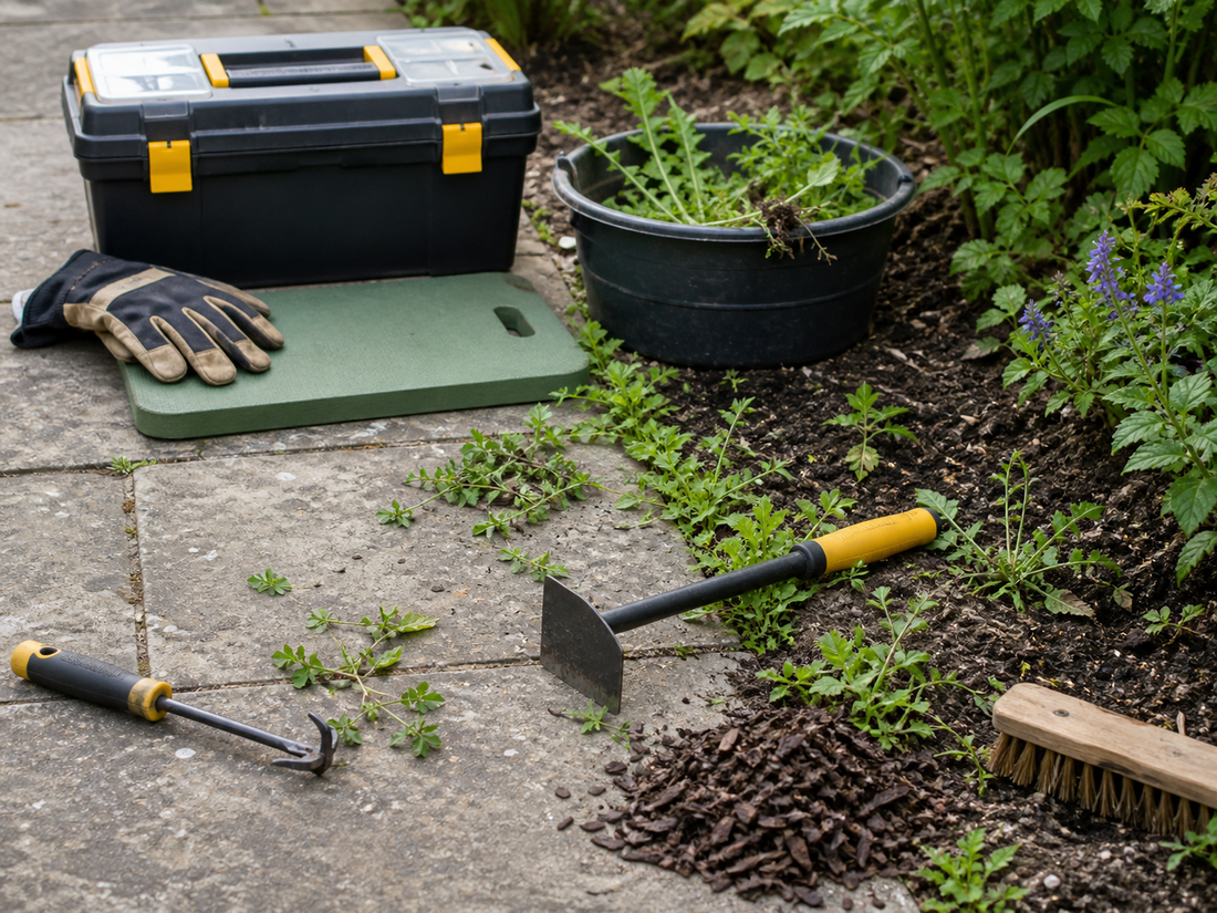 Garden weed removal tools beside a path and border
