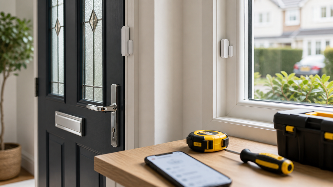 Door and window sensors with phone tape measure screwdriver and toolbox