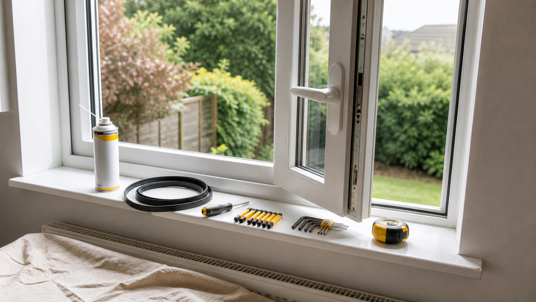 White uPVC casement window with replacement seals, handle parts and HIP Toolbox tools on the sill
