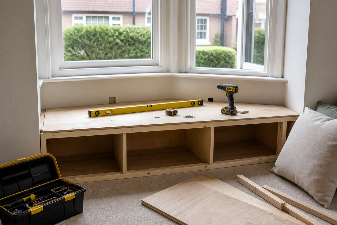 Part built bay window seat storage with tools and timber