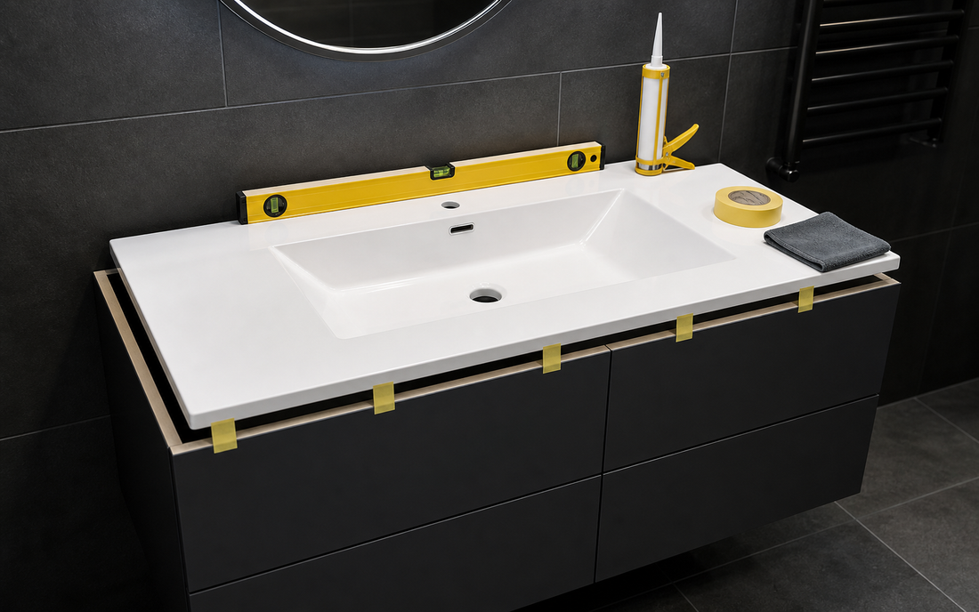 Integrated basin being fitted to a vanity unit with level and sealant
