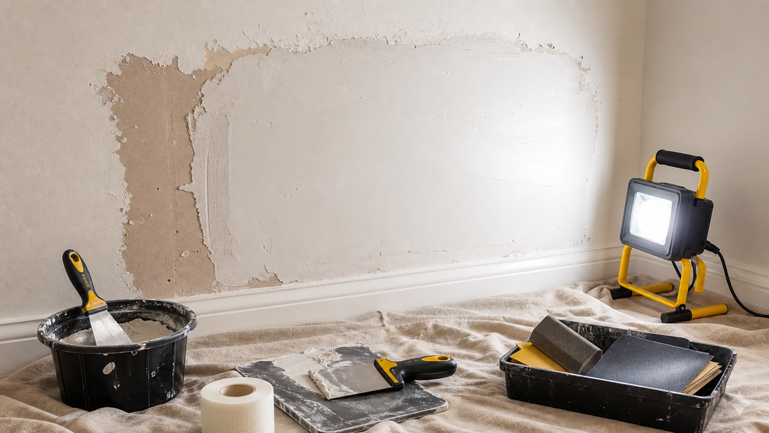Large wall repair setup with filler, mesh tape, sanding block and work light