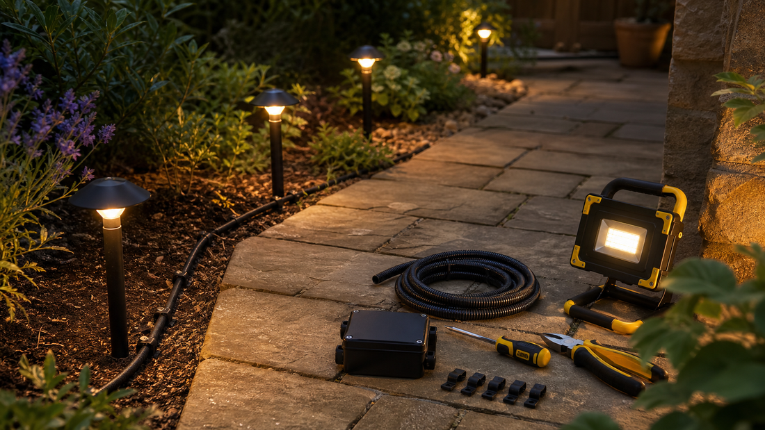 Garden path lighting planning with low voltage lights, conduit and HIP Toolbox style tools