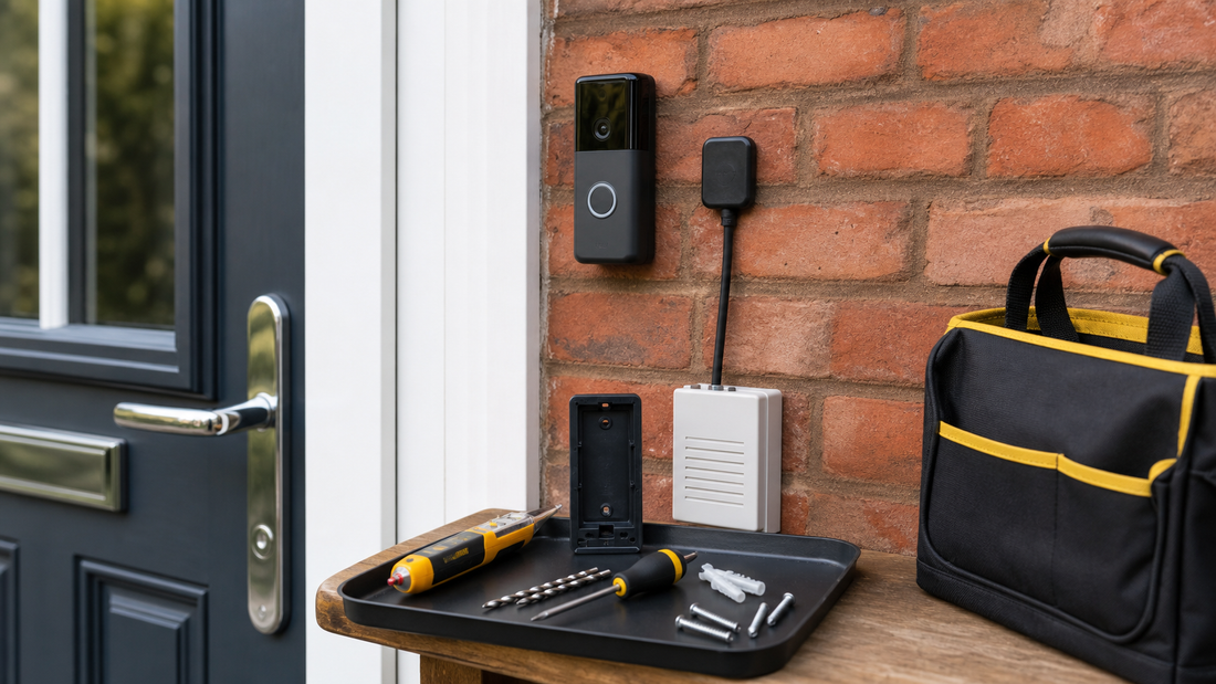 Mains-powered doorbell camera planning with tester, mounting tools and safe covered cable area