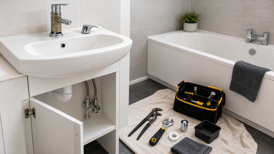 Bath and sink tap replacement project guide scene with normal-height basin, exposed pipework and HIP Toolbox colour tools