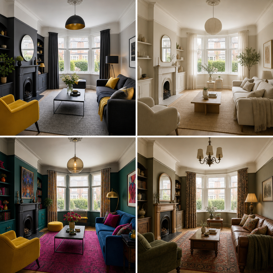 Four 1930s semi detached home room styling ideas with bay window and HIP Toolbox colours