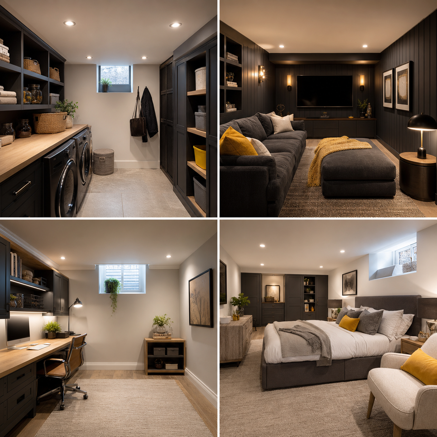 Basement and cellar conversion ideas for utility media office and guest spaces