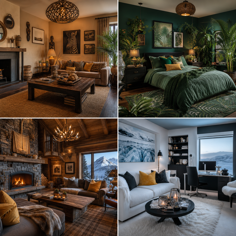 Four eccentric themed rooms including safari jungle alpine lodge and arctic monochrome styles