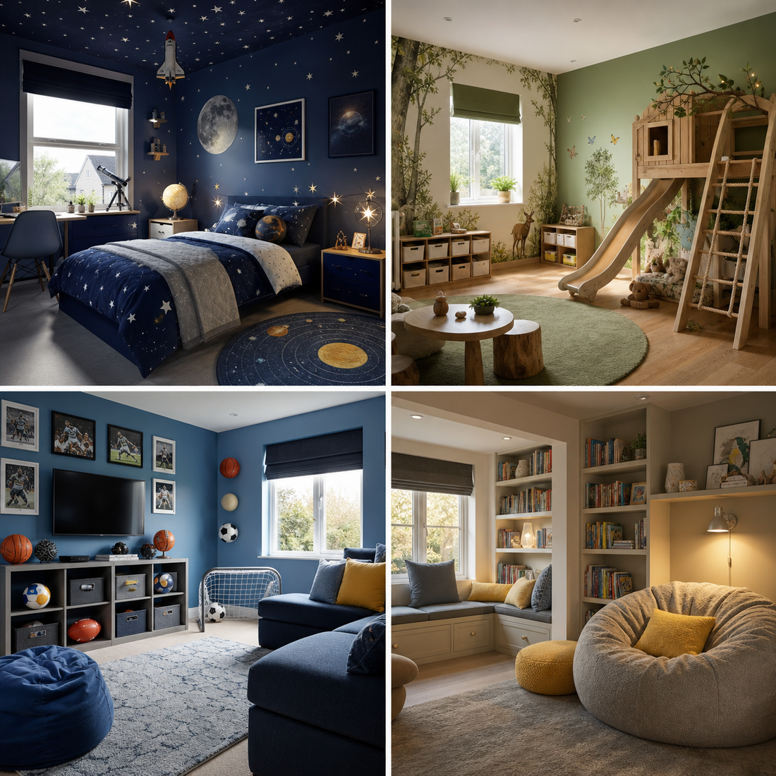 Four family and children's room ideas including space woodland sports and reading themes