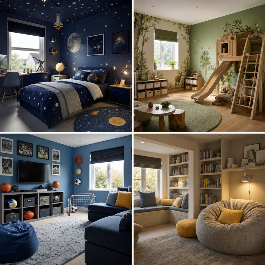 Four family and children's room ideas including space woodland sports and reading themes