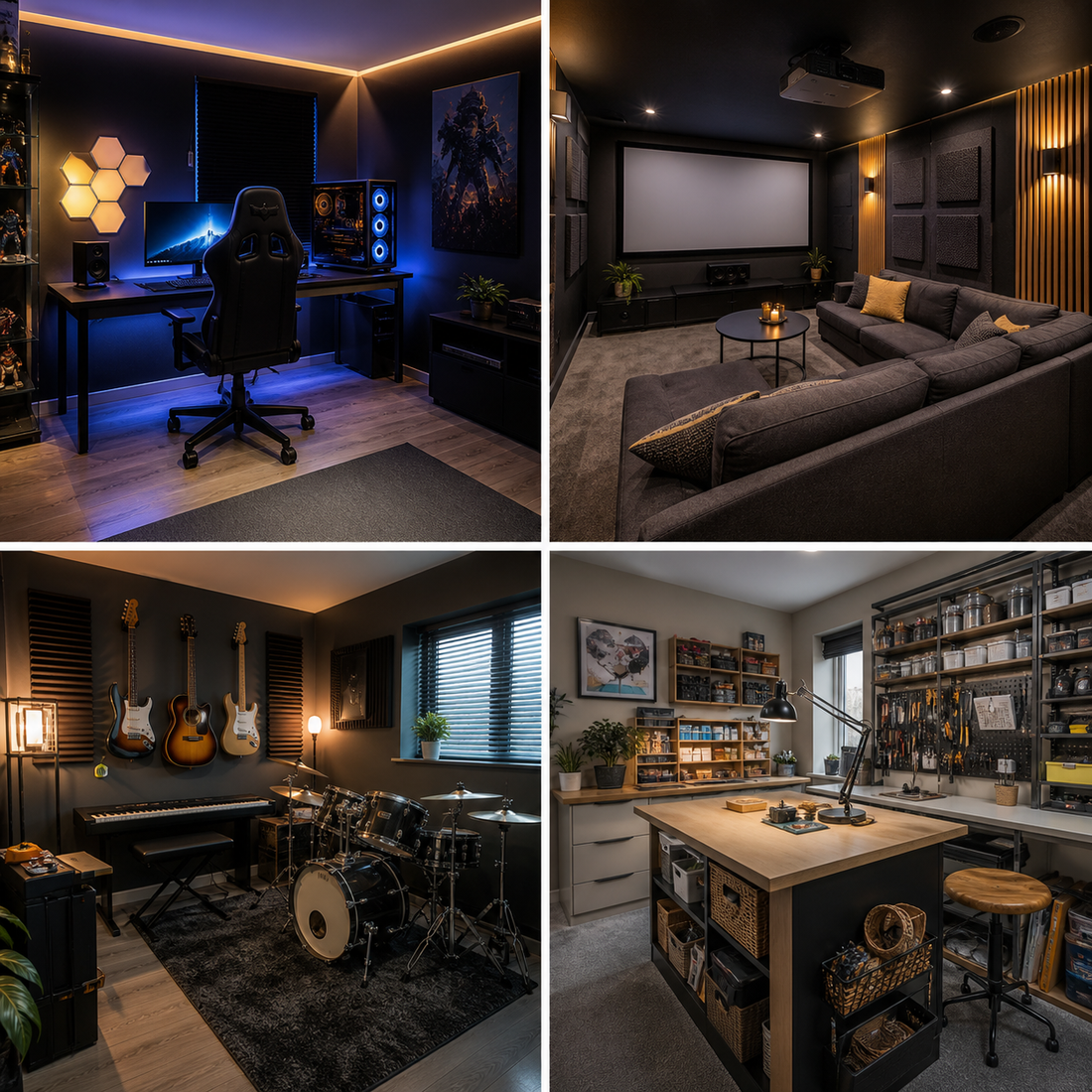 Four hobby and entertainment spaces including gaming cinema music and craft rooms