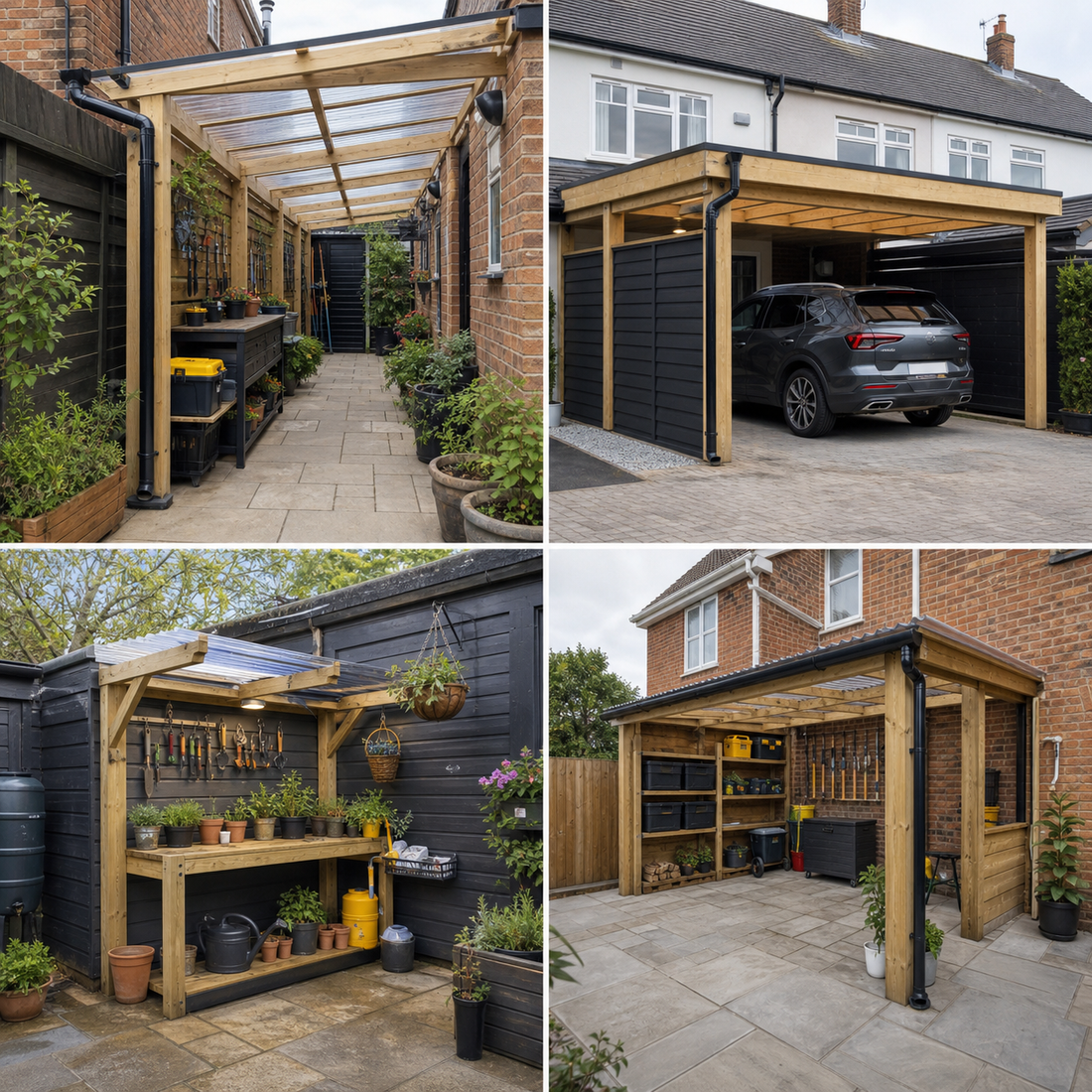 Four outdoor lean-to car port planting and covered garden storage ideas