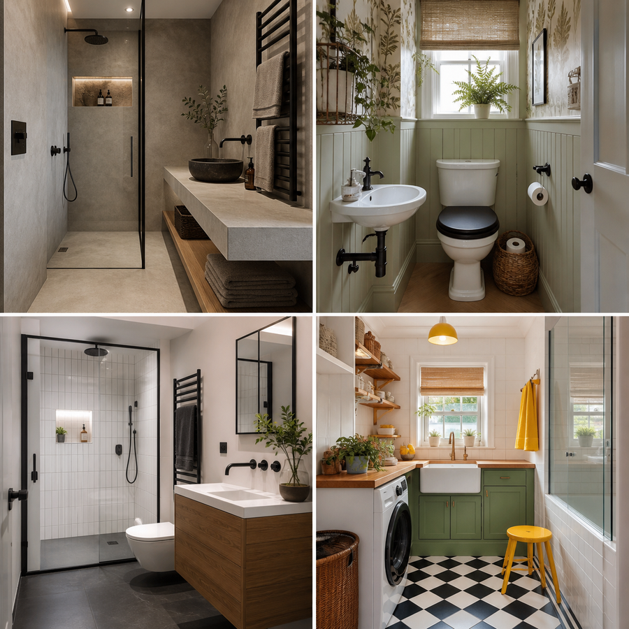 Four merged bathroom and utility style ideas including spa industrial cottage botanical modern monochrome and retro colour pop