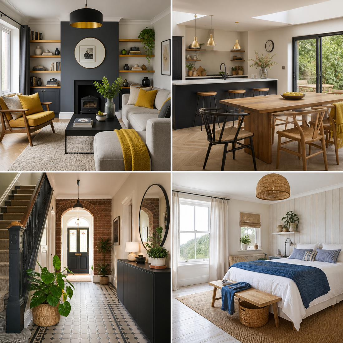 Four merged interior style ideas combining modern traditional industrial biophilic coastal and rustic styles