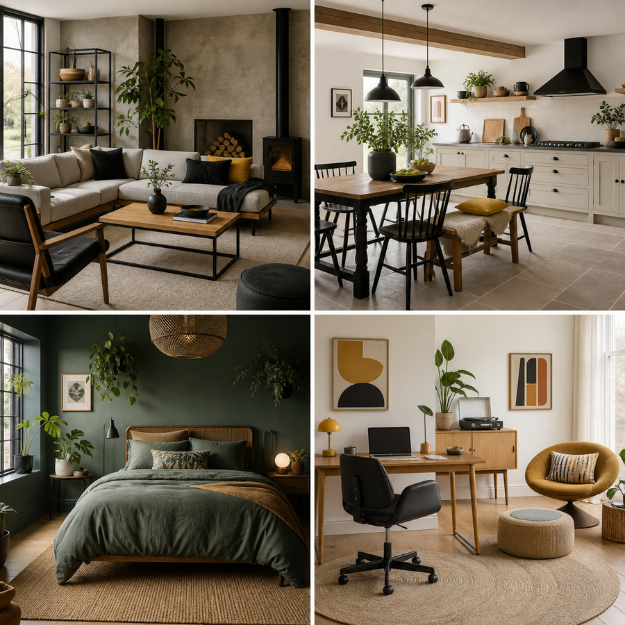 Four merged style interiors including Japandi industrial modern farmhouse moody botanical and Scandinavian retro